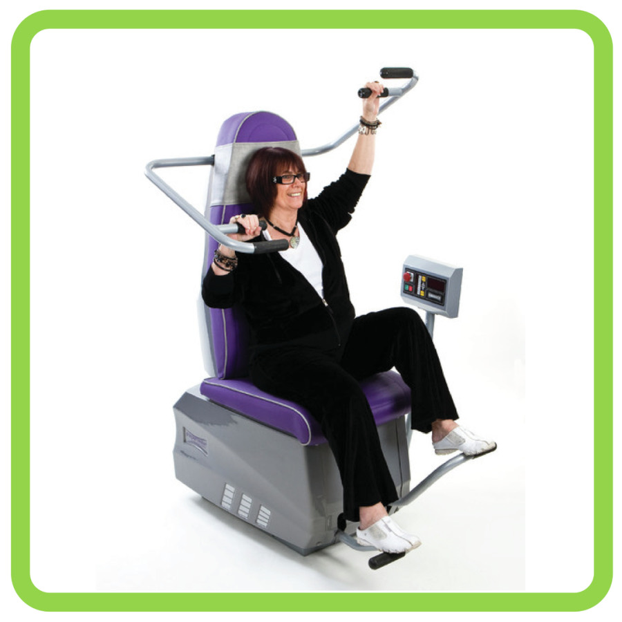 A smiling woman using a purple power-assisted exercise machine
